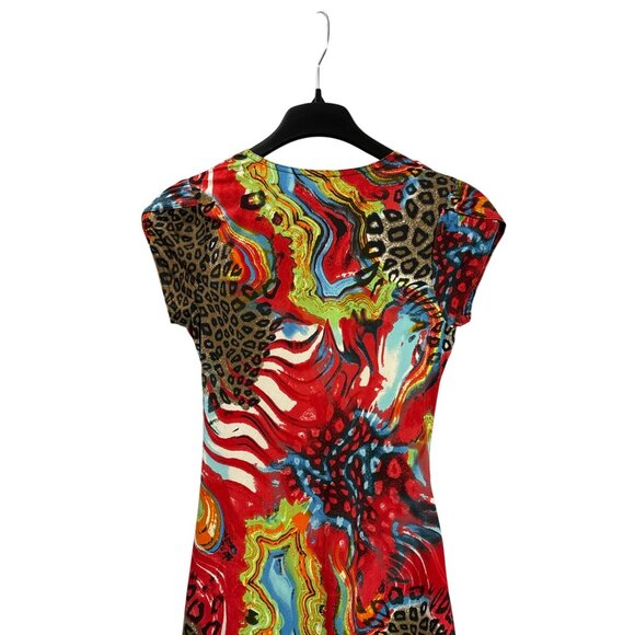 Vintage Y2K Tricotto Leopard Abstract Print Midi Dress S Ruched Ruffle Detail - Picture 5 of 9